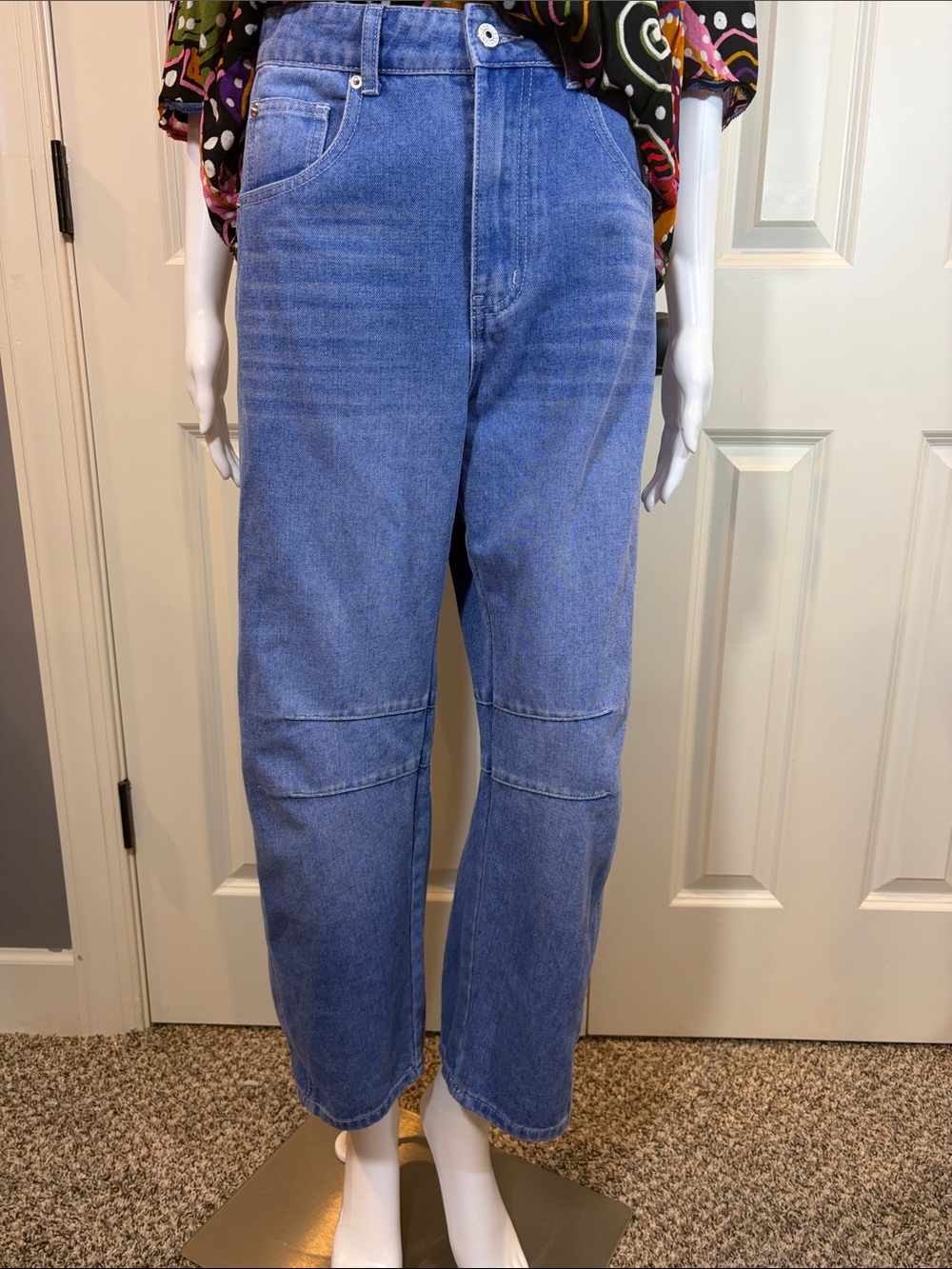 High-Rise Women's Blue Denim Jeans barrel leg with Panel Detail